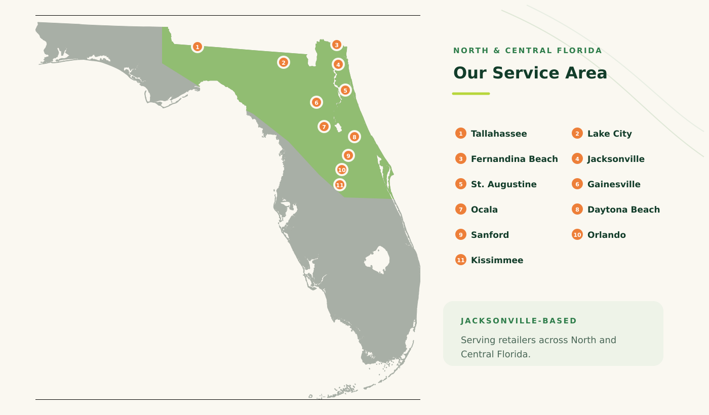 BoldLeaf service area map showing North & Central Florida